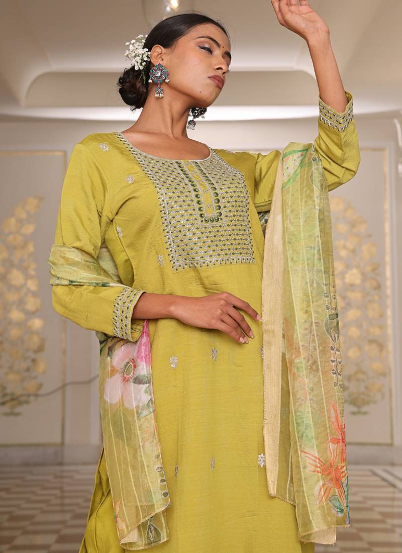 golden yellow cotton silk sequin embroidered salwar suit with decorative dupatta