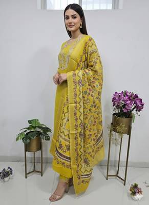 golden yellow cotton silk embroidered salwar suit with floral printed dupatta 2