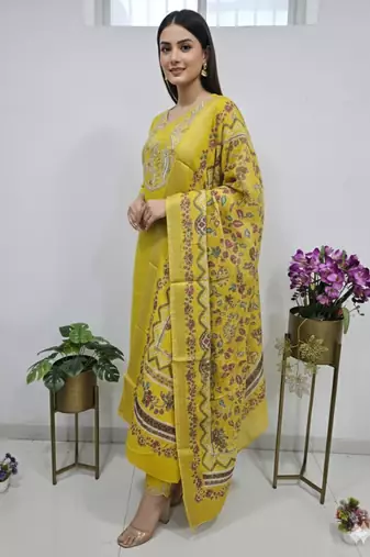 golden yellow cotton silk embroidered salwar suit with floral printed dupatta