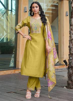 golden yellow cotton silk thread & sequin salwar suit with printed dupatta 1
