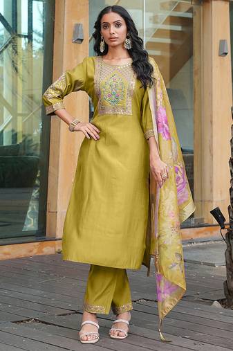 golden yellow cotton silk thread & sequin designer salwar suit with printed dupatta