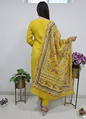 golden yellow cotton silk embroidered salwar suit with floral printed dupatta 3