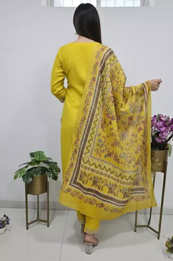 golden yellow cotton silk embroidered salwar suit with floral printed dupatta