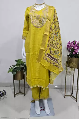 golden yellow cotton silk embroidered salwar suit with floral printed dupatta