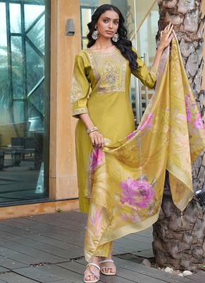 golden yellow cotton silk thread & sequin salwar suit with printed dupatta 2
