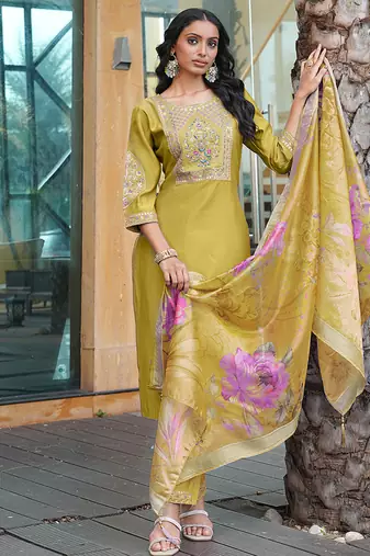 golden yellow cotton silk thread & sequin salwar suit with printed dupatta