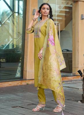 golden yellow cotton silk thread & sequin salwar suit with printed dupatta 3