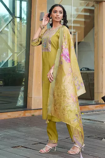 golden yellow cotton silk thread & sequin salwar suit with printed dupatta