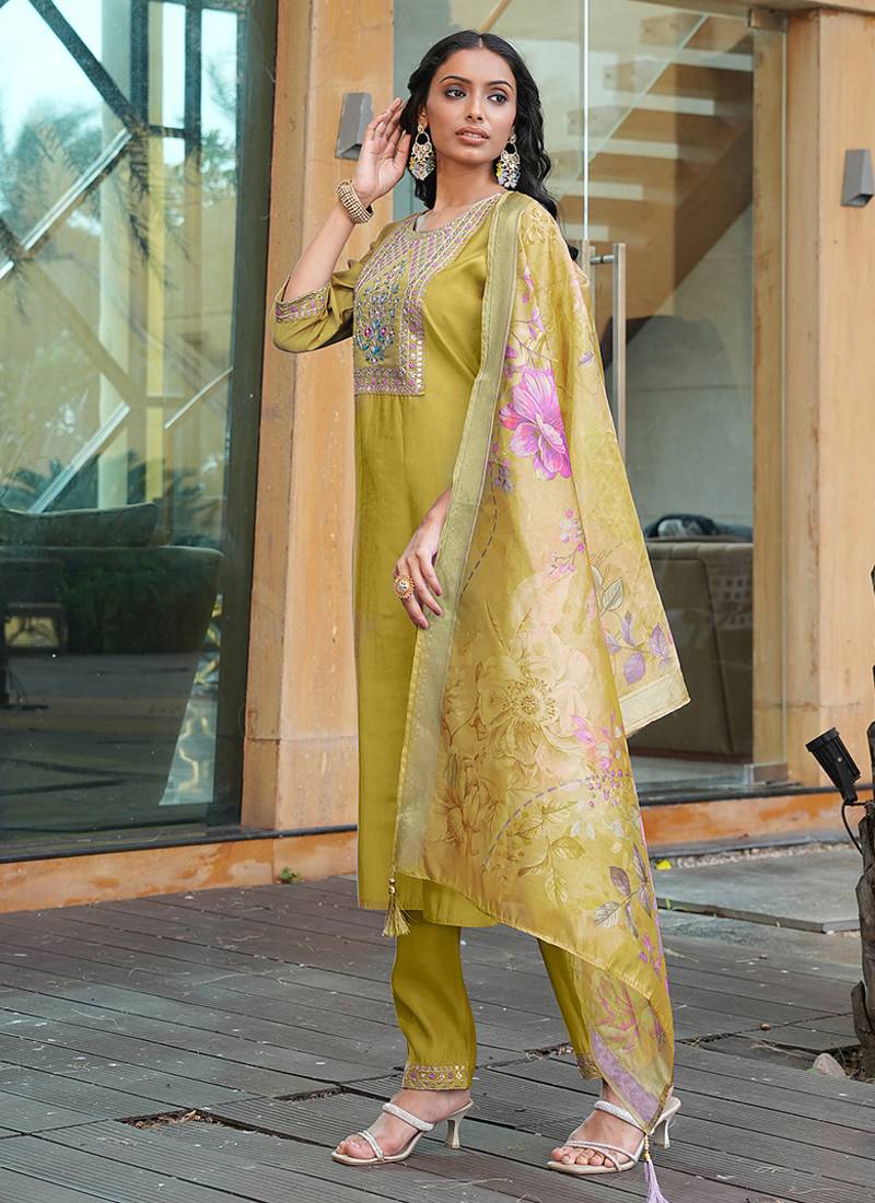 golden yellow cotton silk thread & sequin designer salwar suit with printed dupatta