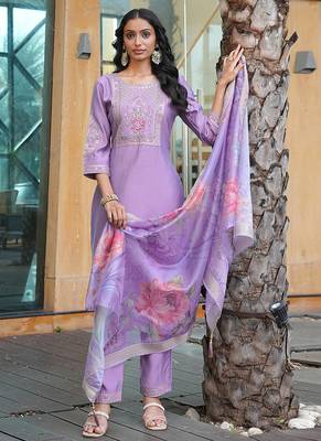 light purple cotton silk thread & sequin embroidered salwar suit with floral dupatta 1