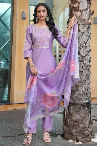 light purple cotton silk thread & sequin embroidered salwar suit with floral dupatta
