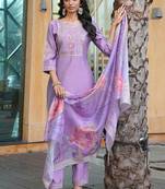 light purple cotton silk thread & sequin embroidered salwar suit with floral dupatta