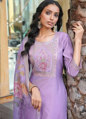 light purple cotton silk thread & sequin embroidered salwar suit with floral dupatta 2