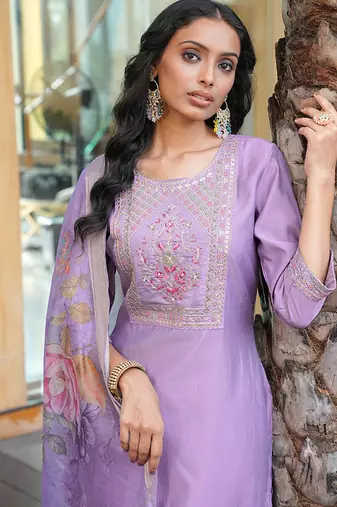 light purple cotton silk thread & sequin embroidered salwar suit with floral dupatta