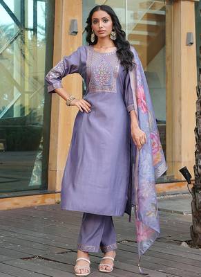 lavender art silk embroidered kurta set with dupatta 1
