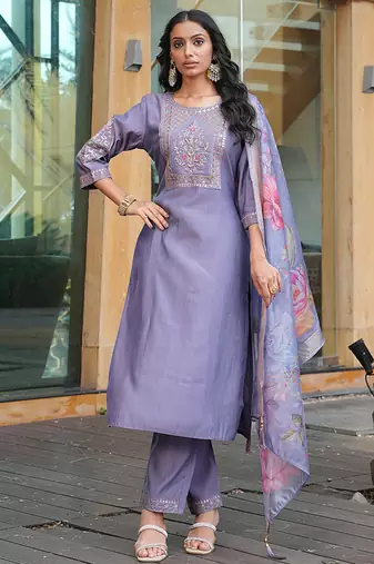 lavender art silk embroidered kurta set with dupatta