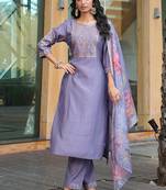 lavender art silk embroidered kurta set with dupatta