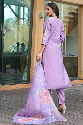 light purple cotton silk thread & sequin embroidered salwar suit with floral dupatta