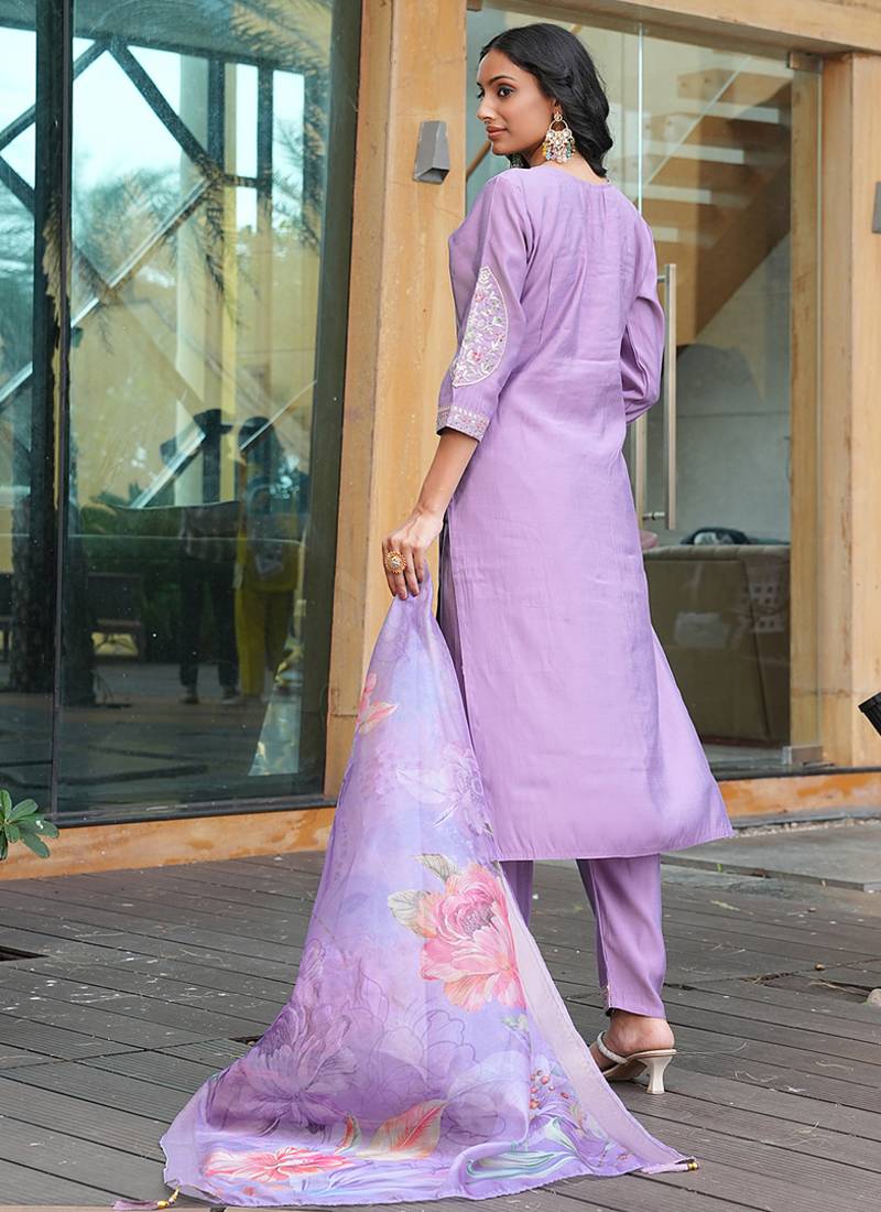 light purple cotton silk thread & sequin embroidered salwar suit with floral dupatta