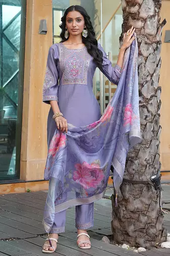 lavender art silk embroidered kurta set with dupatta