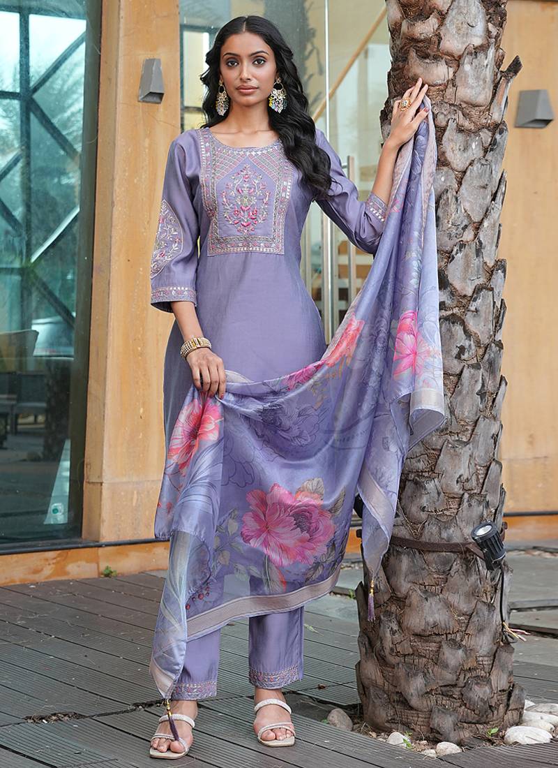 lavender art silk embroidered kurta set with dupatta