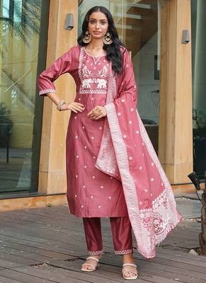 peach art silk embroidered kurta set 1
