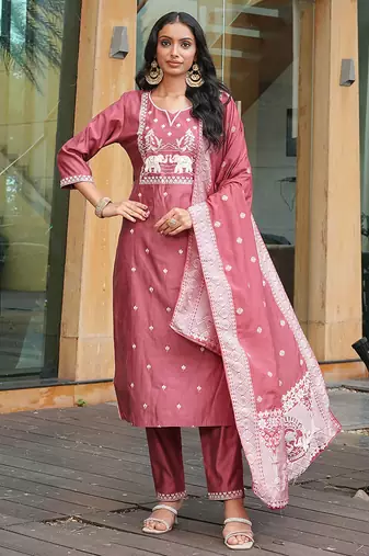 peach art silk embroidered kurta set