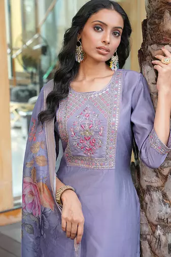 lavender art silk embroidered kurta set with dupatta