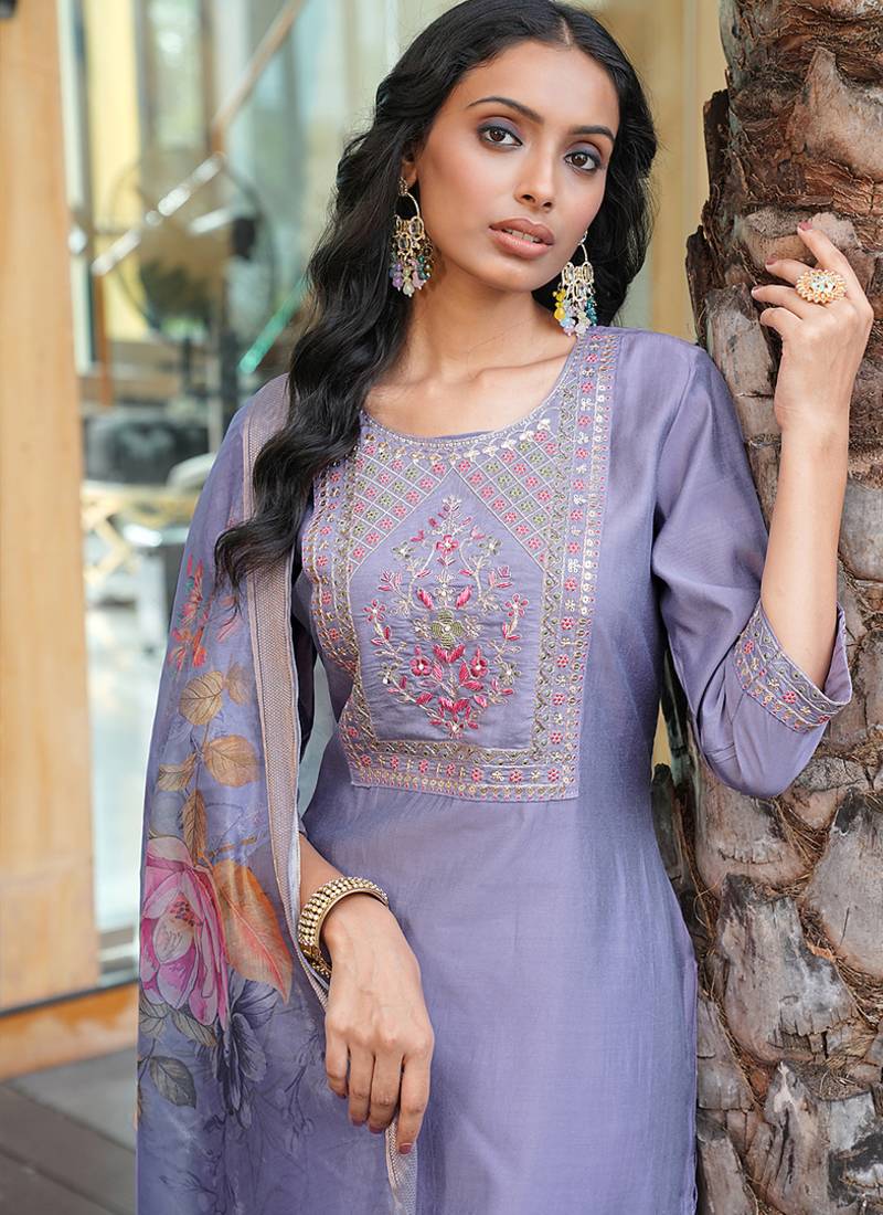lavender art silk embroidered kurta set with dupatta