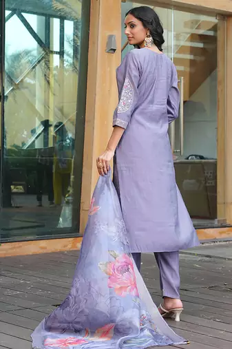 lavender art silk embroidered kurta set with dupatta
