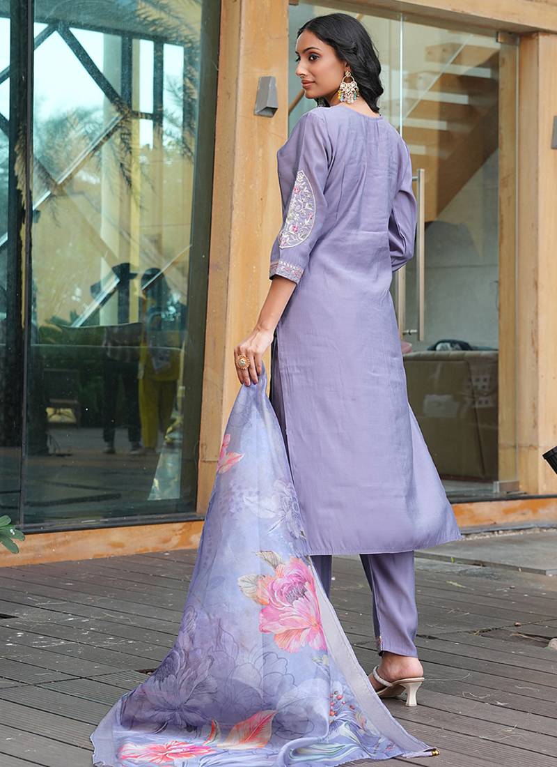 lavender art silk embroidered kurta set with dupatta