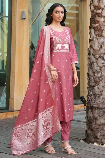 peach art silk embroidered kurta set