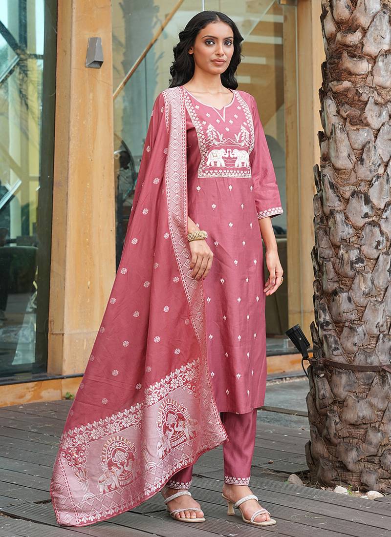 peach art silk embroidered kurta set