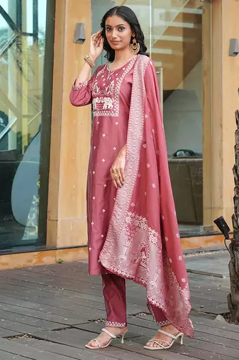 peach art silk embroidered kurta set