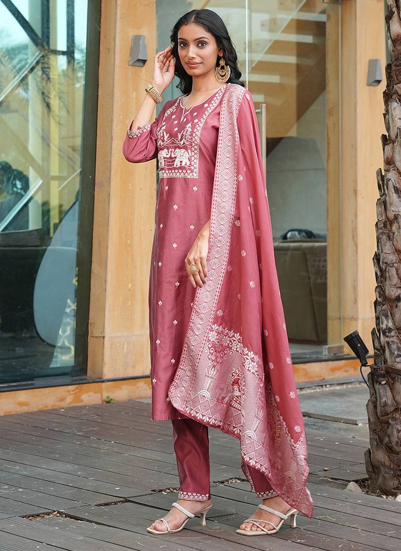 peach art silk embroidered kurta set