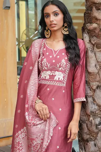 peach art silk embroidered kurta set