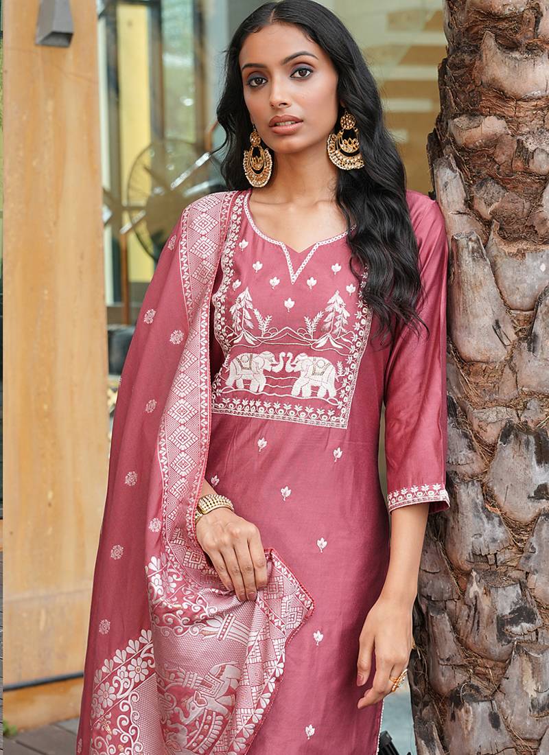 peach art silk embroidered kurta set