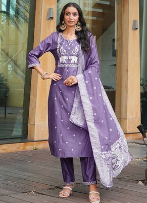 lavender art silk embroidered kurta set 1