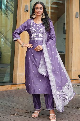 lavender art silk embroidered kurta set