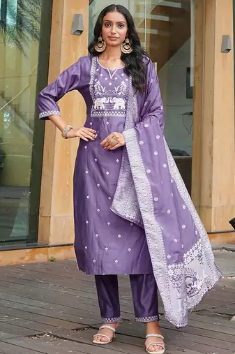lavender art silk embroidered kurta set