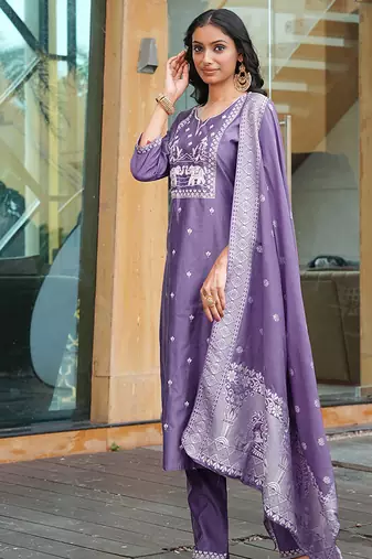 lavender art silk embroidered kurta set