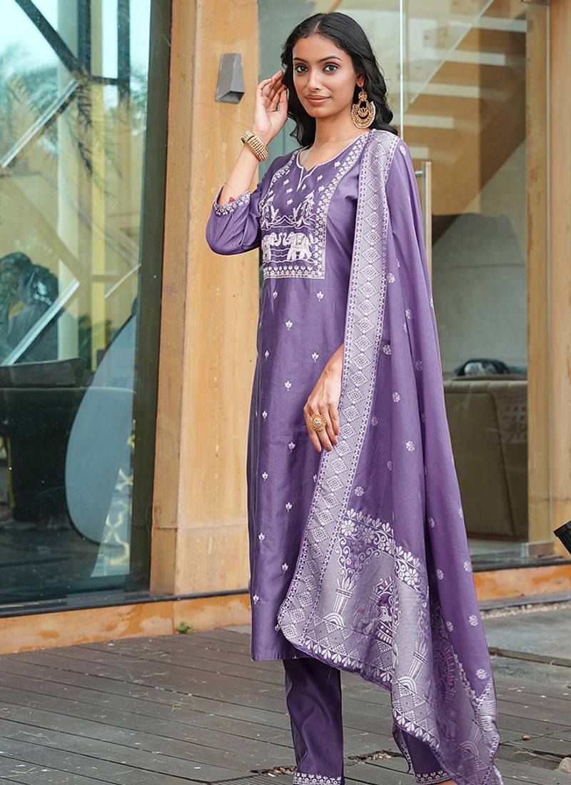 lavender art silk embroidered kurta set