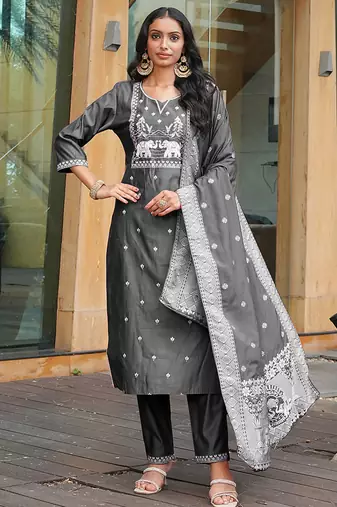 charcoal grey art silk embroidered kurta set