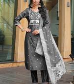 charcoal grey art silk embroidered kurta set