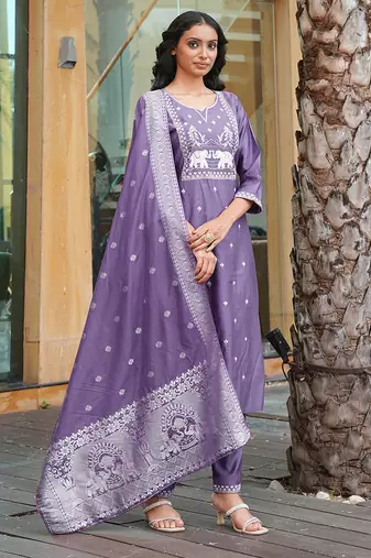 lavender art silk embroidered kurta set