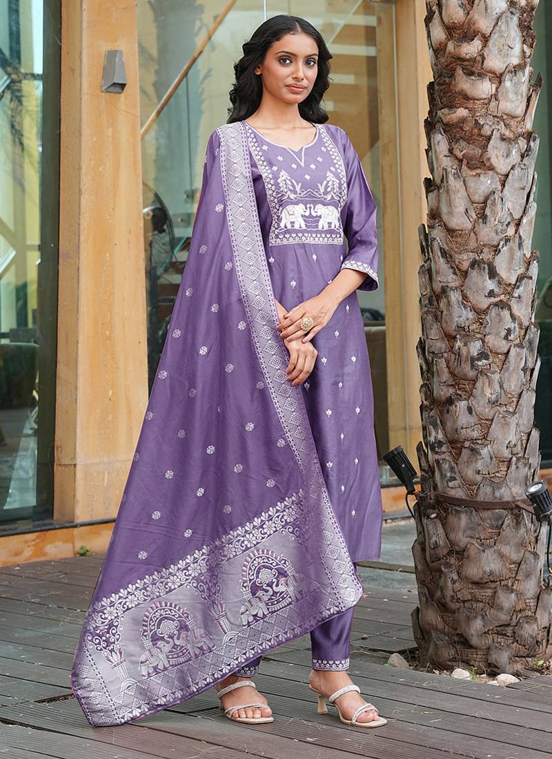 lavender art silk embroidered kurta set