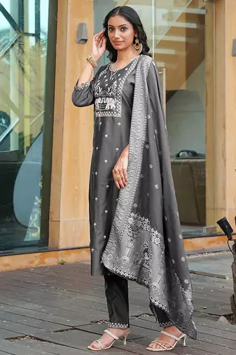 charcoal grey art silk embroidered kurta set
