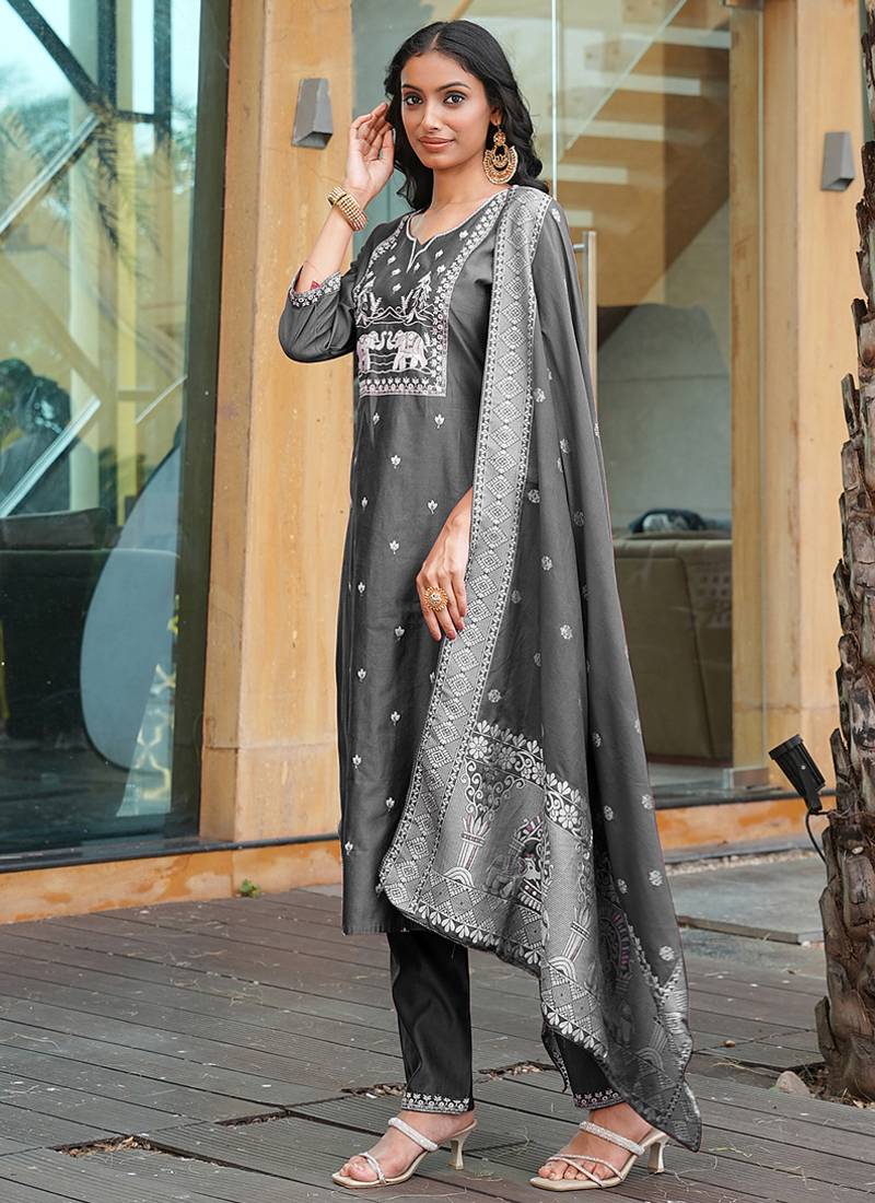 charcoal grey art silk embroidered kurta set