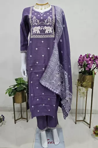 lavender art silk embroidered kurta set