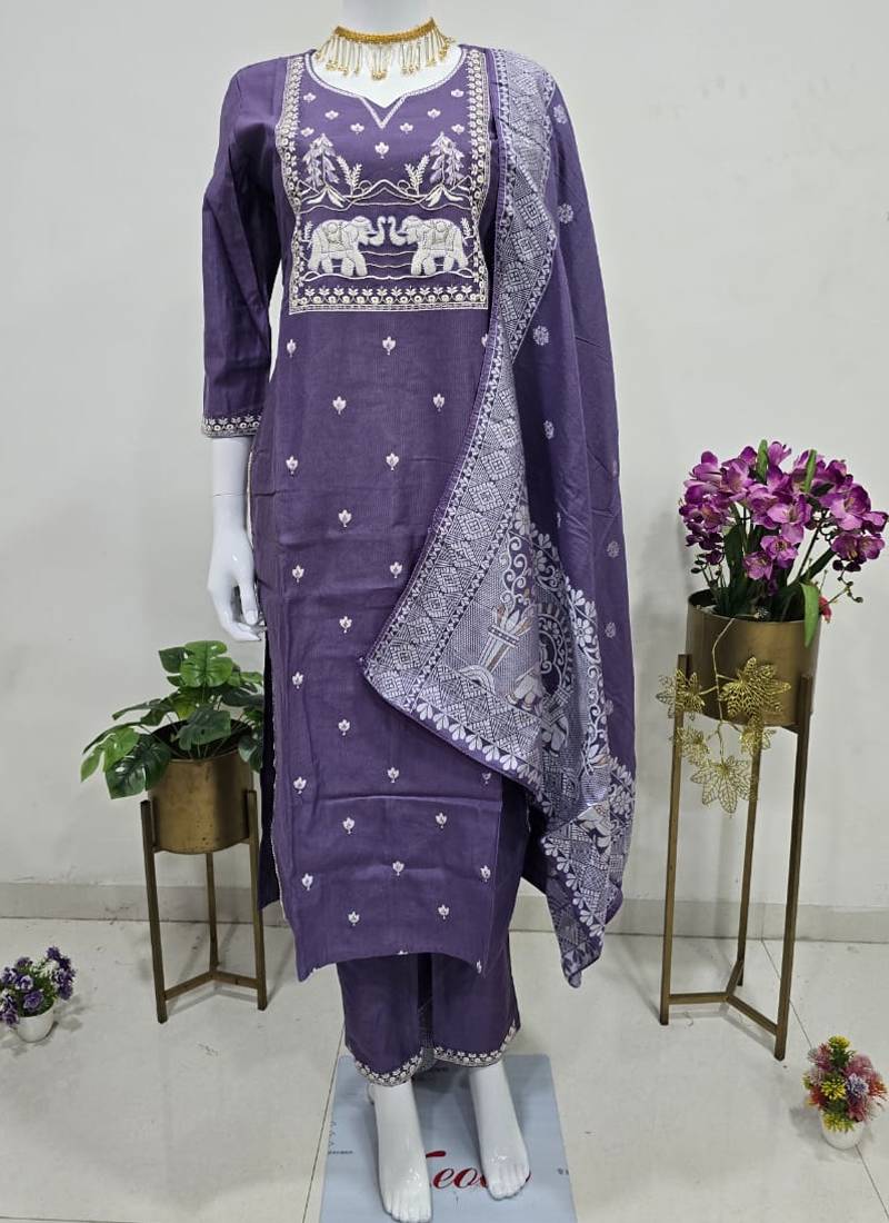 lavender art silk embroidered kurta set